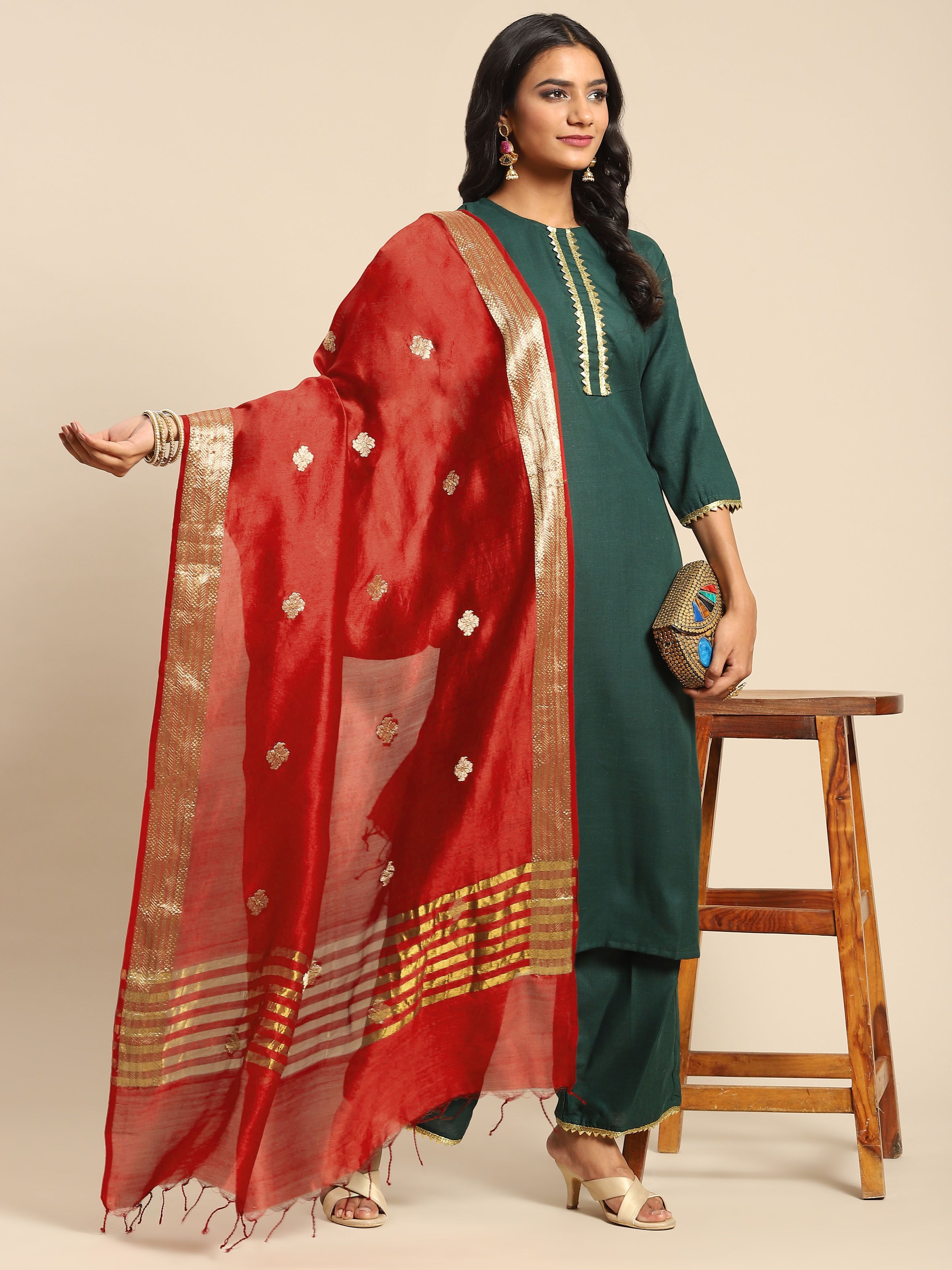 Banarasi Style Red & Golden Ethnic Motifs Pure Silk Banarasi Dupatta with Zari Price in India