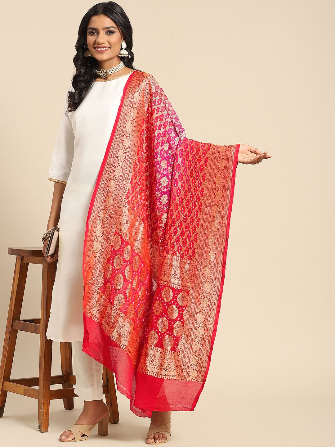 Banarasi Style Pink & Golden Ethnic Motifs Pure Silk Banarasi Dupatta with Zari Price in India