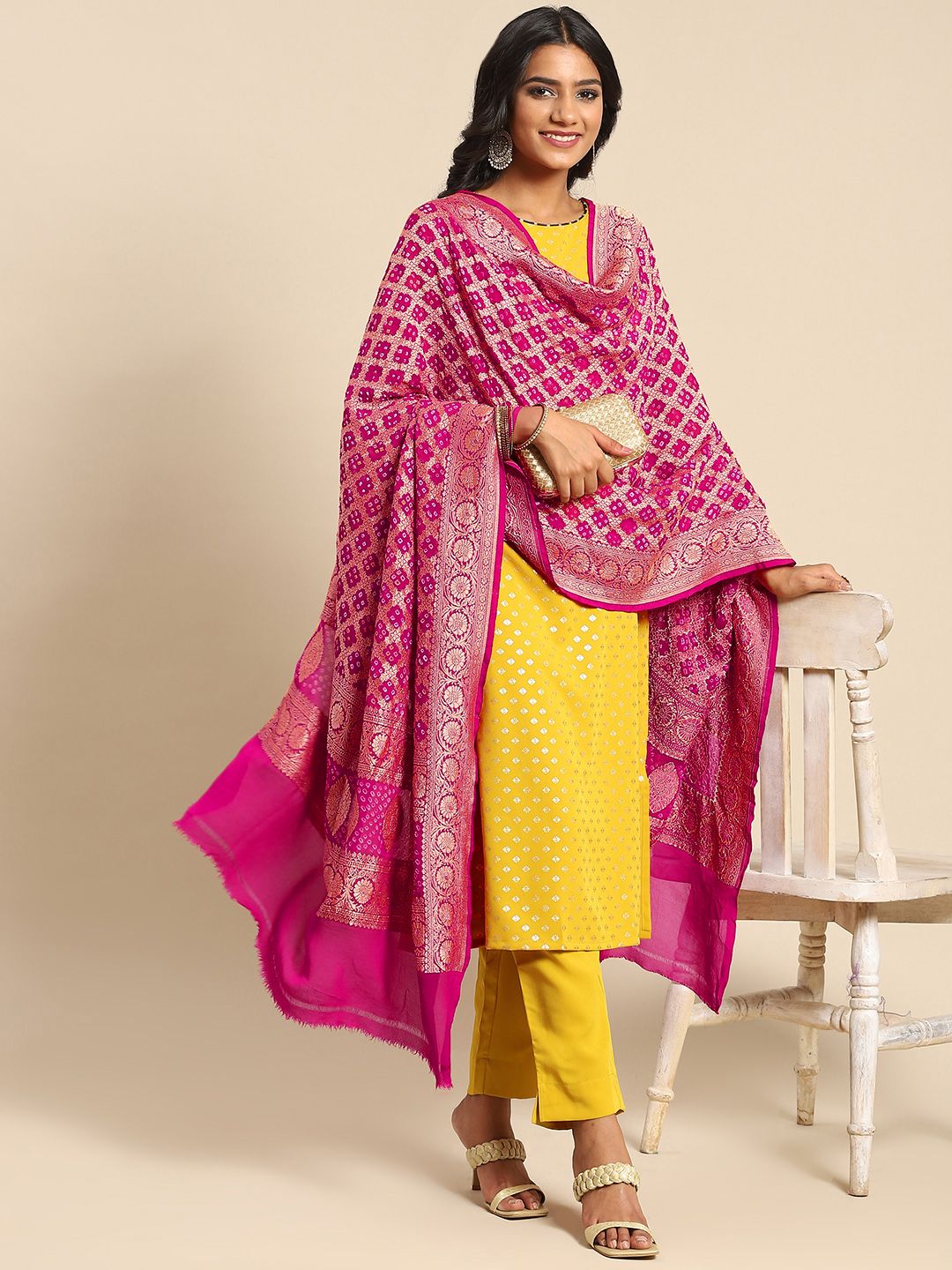 Banarasi Style Pink & Golden Ethnic Motifs Pure Silk Banarasi Dupatta with Zari Price in India