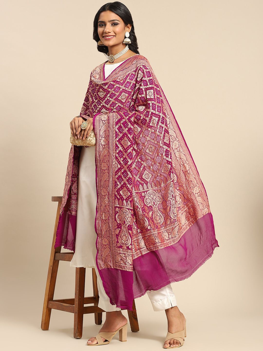 Banarasi Style Purple & Golden Ethnic Motifs Pure Silk Banarasi Dupatta with Zari Price in India