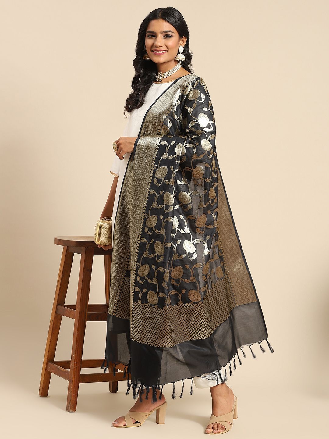 Banarasi Style Black & Golden Ethnic Motifs Woven Design Banarasi Dupatta with Zari