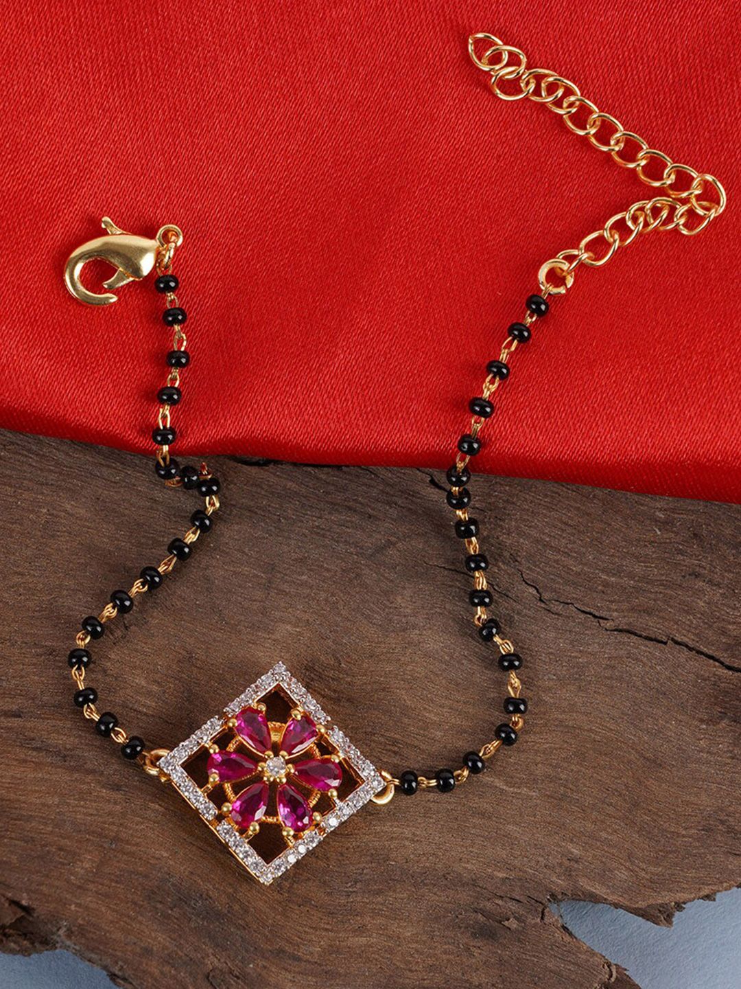 Studio Voylla Women Black & Pink Gold-Plated AD CZ Beads Mangalsutra Bracelet Price in India