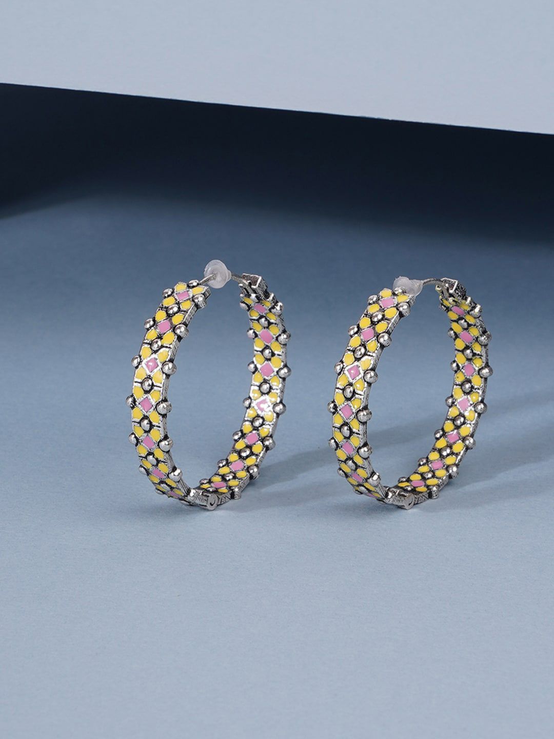 Studio Voylla Silver-Plated & Yellow Geometric Hoop Earrings Price in India