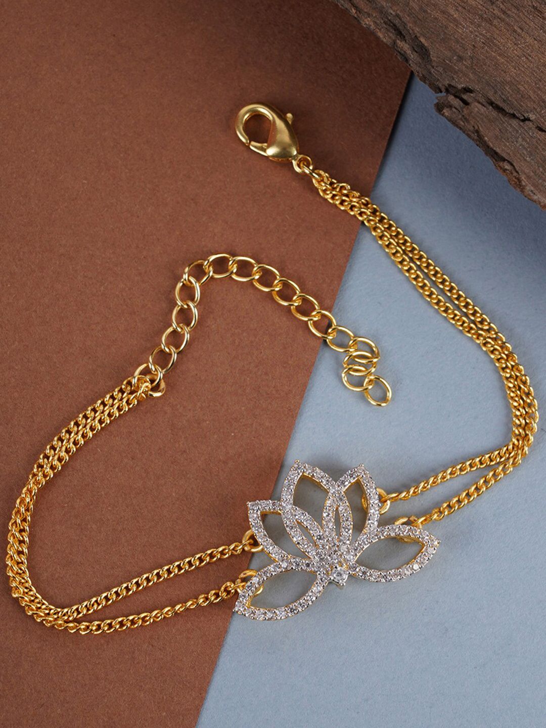 Studio Voylla Women White American Diamond CZ Floral Dual Chain Mangalsutra Bracelet Price in India