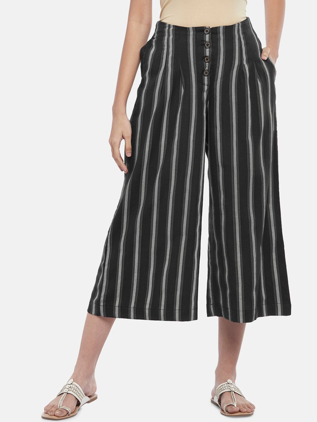 AKKRITI BY PANTALOONS Women Black Striped Culottes Trousers Price in India