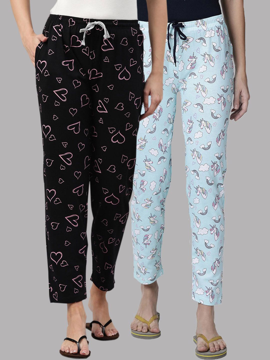 Kryptic Women Blue & Black Pack of 2 Printed Cotton Lounge Pants Price in India