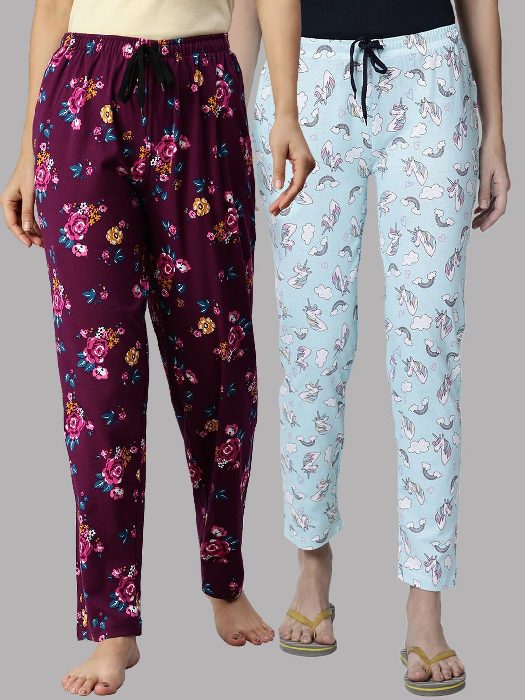 Kryptic Women Blue & Maroon Pack of 2 Printed Cotton Lounge Pants Price in India