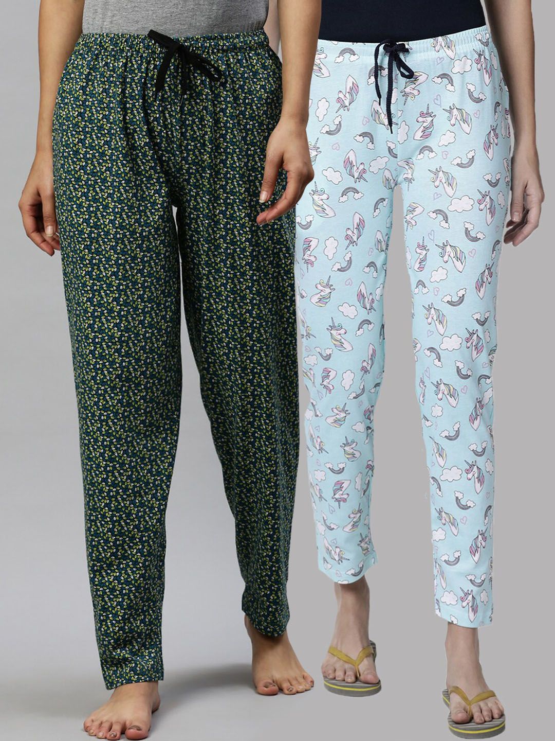 Kryptic Women Blue & Green Pack of 2 Printed Cotton Lounge Pants Price in India