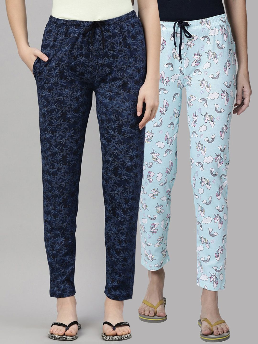 Kryptic Women Pack Of 2 Blue Printed Pure Cotton Lounge Pants Price in India