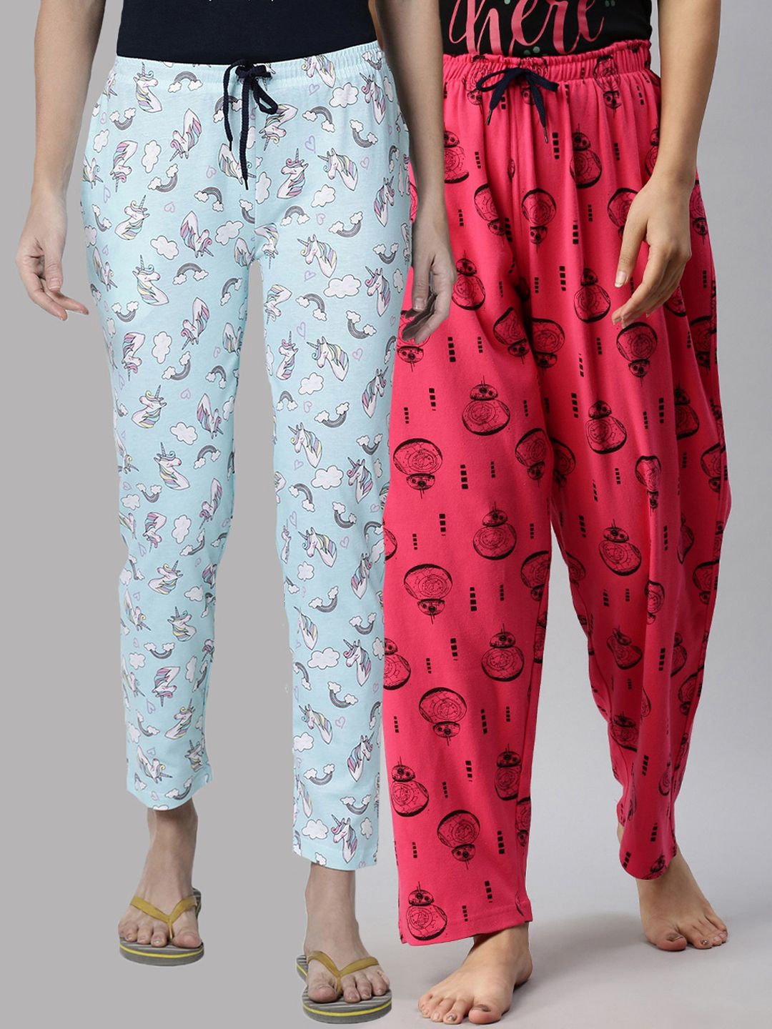 Kryptic Women Pack Of 2 Blue & Fuchsia Printed Pure Cotton Lounge Pants Price in India