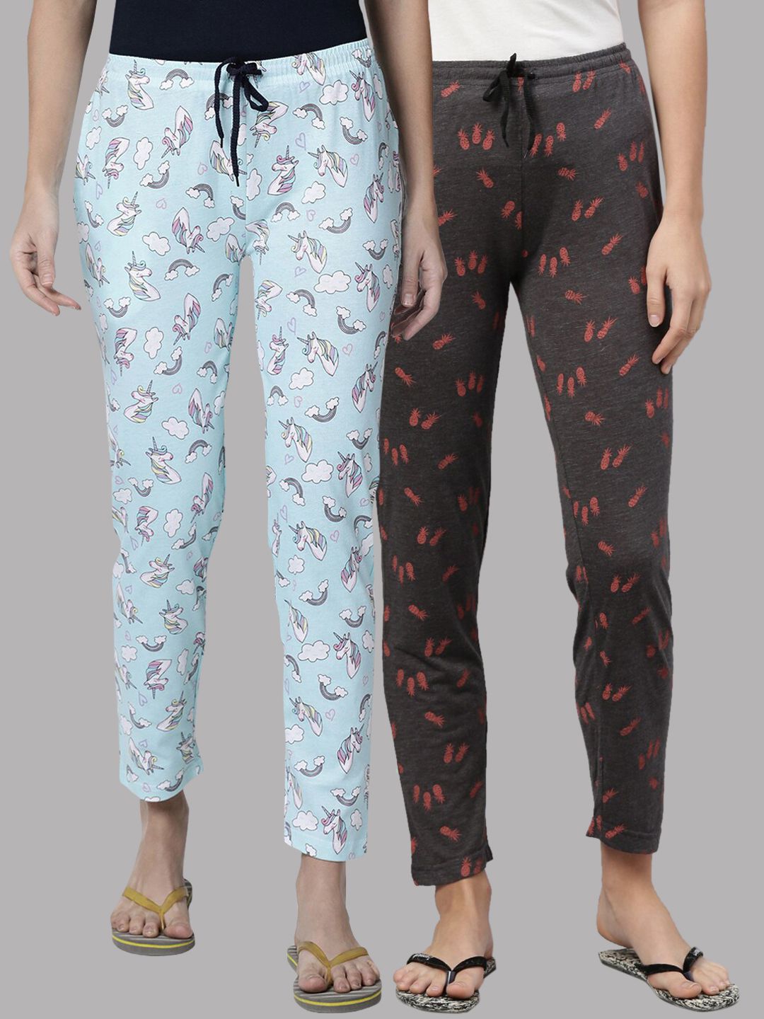 Kryptic Women Blue & Charcoal Grey Pack of 2 Printed Cotton Lounge Pants Price in India