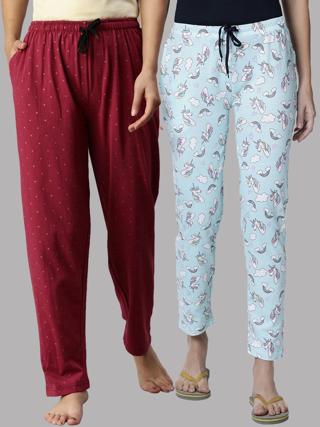 Kryptic Pack Of 2 Blue & Maroon Cotton Printed Lounge Pants Price in India