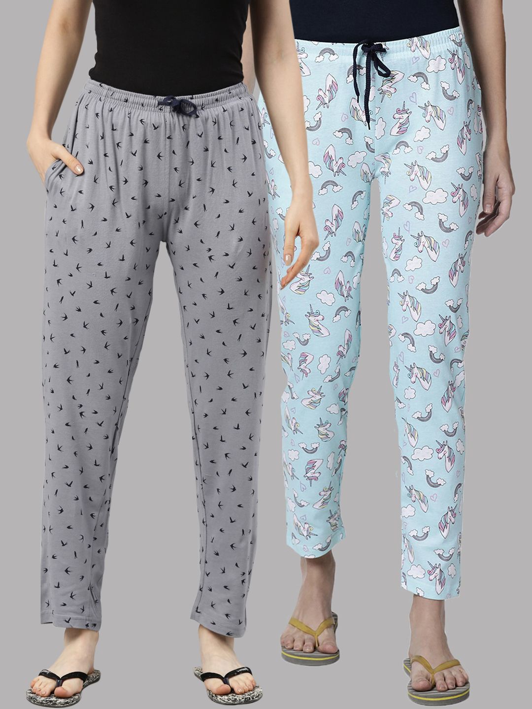 Kryptic Women Pack Of 2 Blue & Grey Printed Pure Cotton Lounge Pants Price in India