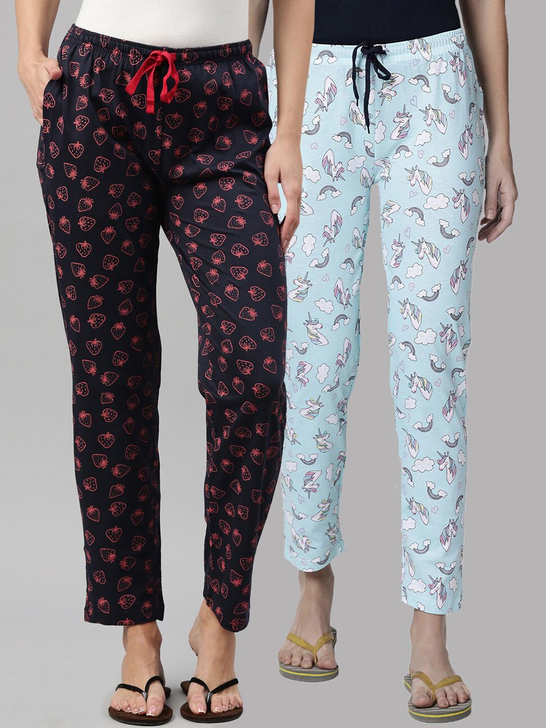 Kryptic Women Blue & Navy Blue Pack of 2 Printed Cotton Lounge Pants Price in India