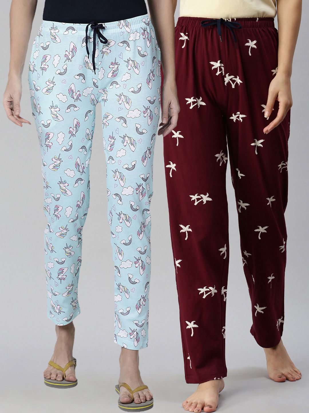 Kryptic Pack Of 2 Blue & Maroon Cotton Printed Lounge Pants Price in India