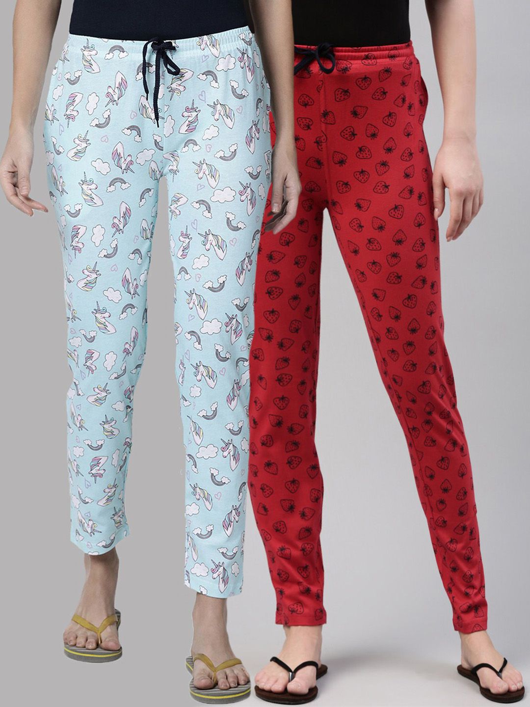 Kryptic Women Pack Of 2 Blue & Red Printed Pure Cotton Lounge Pants Price in India