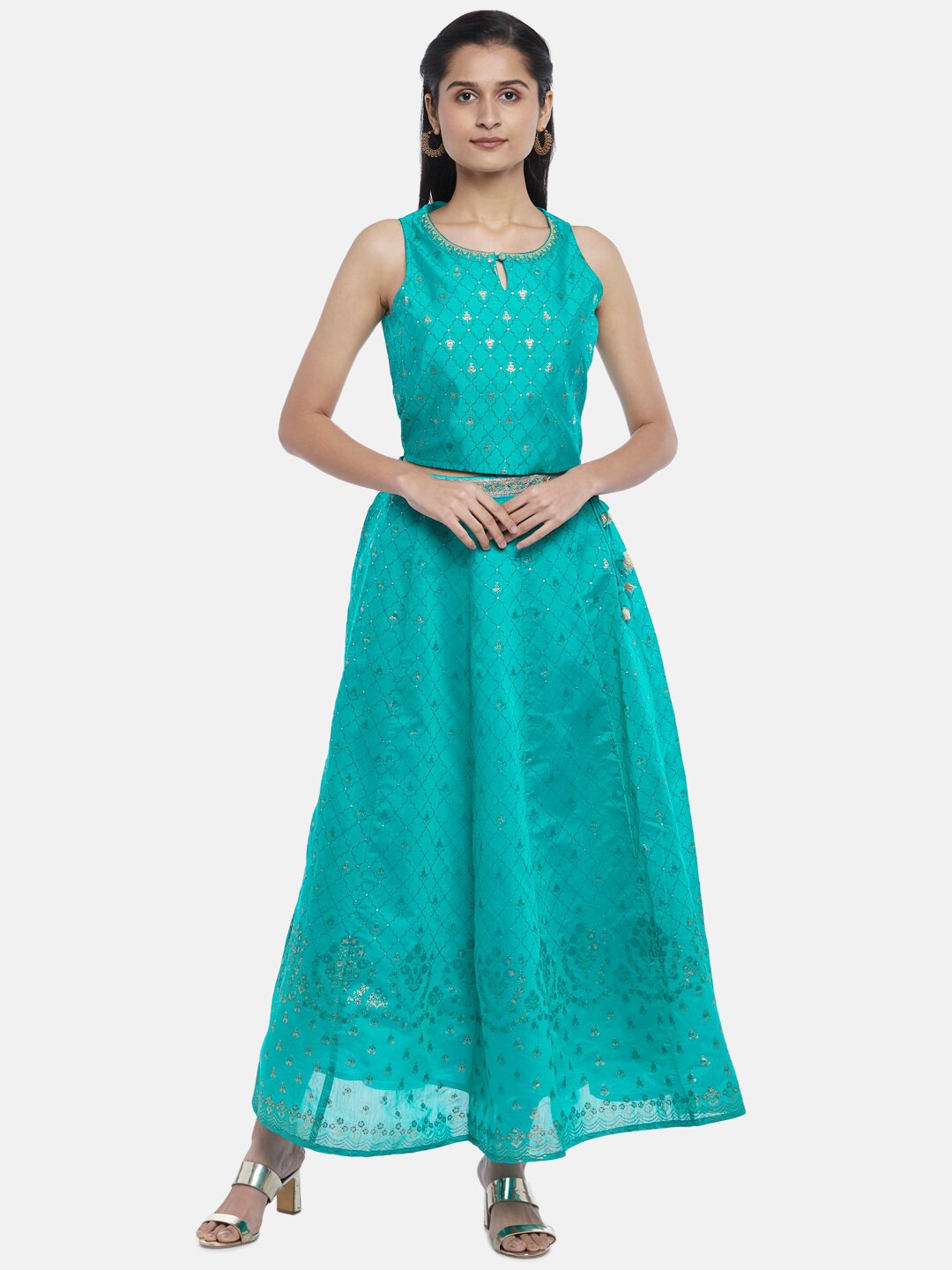 AKKRITI BY PANTALOONS Blue Printed Ready to Wear Lehenga & Blouse Price in India