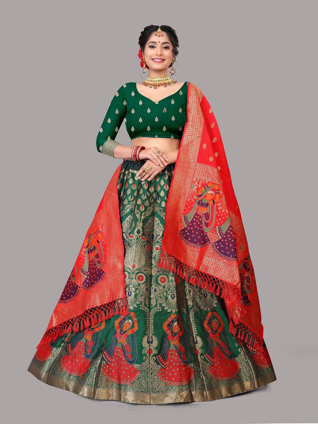 Atsevam Green & Red Semi-Stitched Lehenga & Unstitched Blouse With Dupatta Price in India