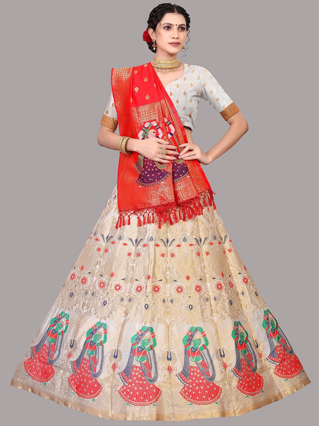 Atsevam Cream-Coloured & Red Ready to Wear Lehenga & Unstitched Blouse With Dupatta Price in India