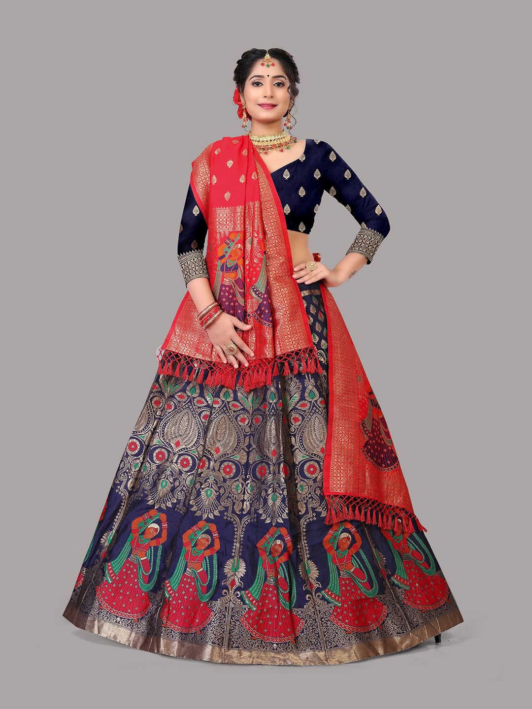 Atsevam Blue & Red Woven Design Ready to Wear Lehenga & Unstitched Choli With Dupatta Price in India