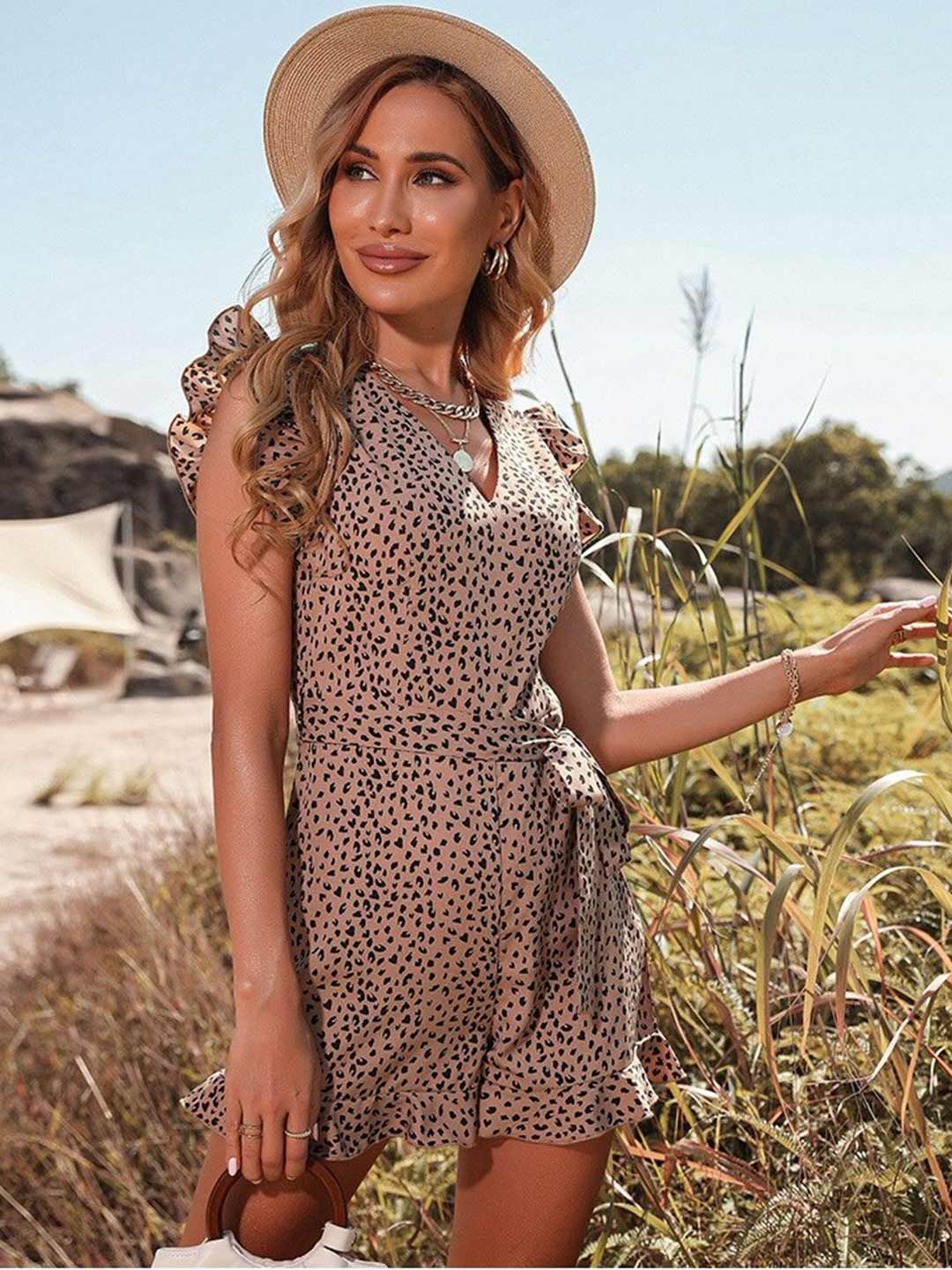 La Aimee Khaki Animal Print Jumpsuit Price in India