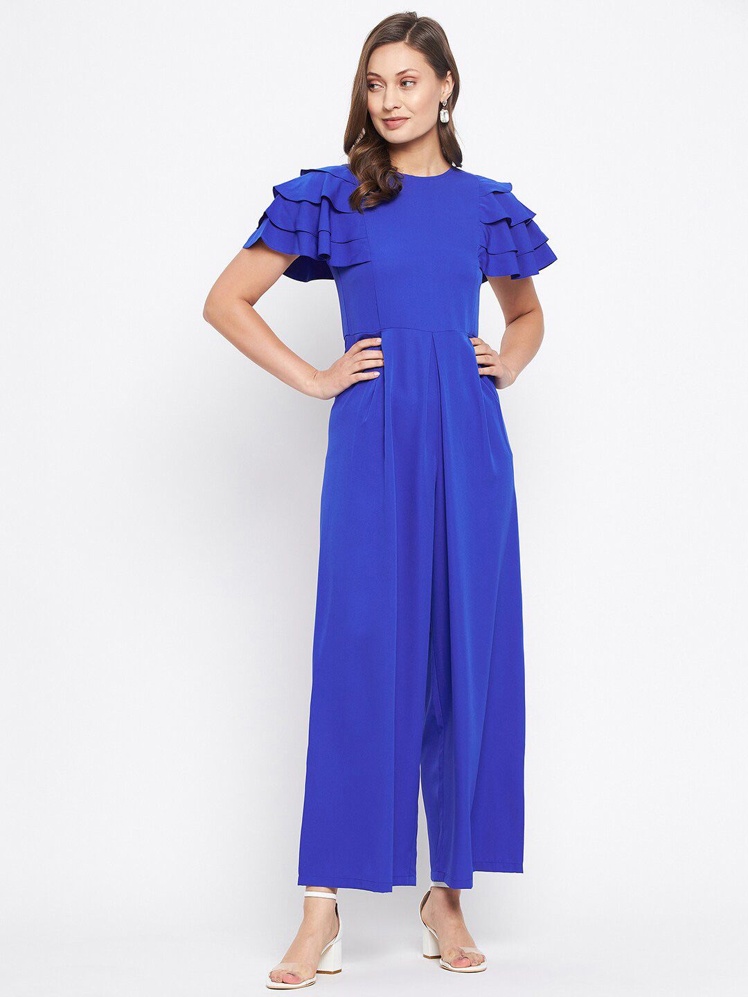 Uptownie Lite Blue Crepe Basic Jumpsuit with Ruffles Price in India