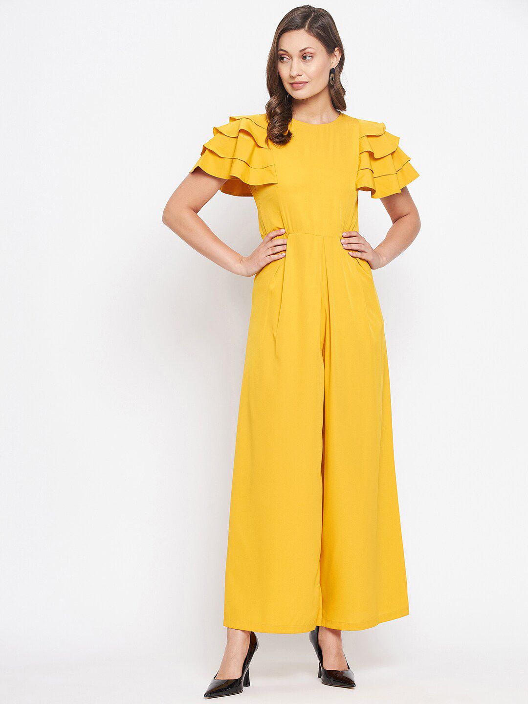 Uptownie Lite Yellow Crepe Basic Jumpsuit with Ruffles Price in India