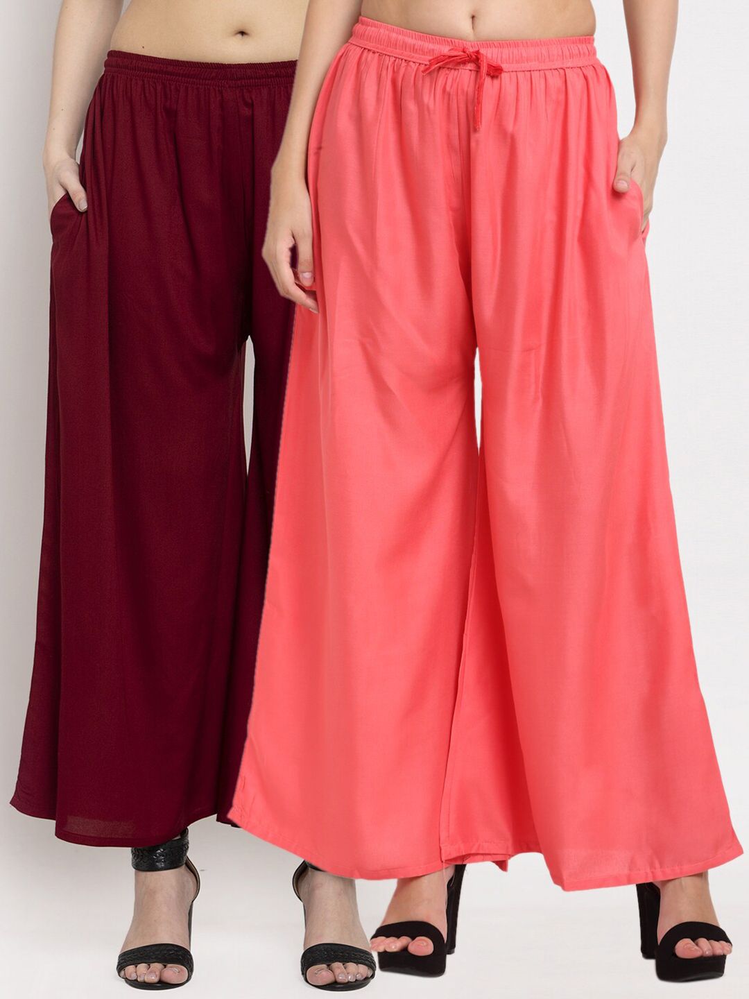 Miaz Lifestyle Women Set Of 2 Maroon & Peach-Coloured Flared Ethnic Palazzos Price in India