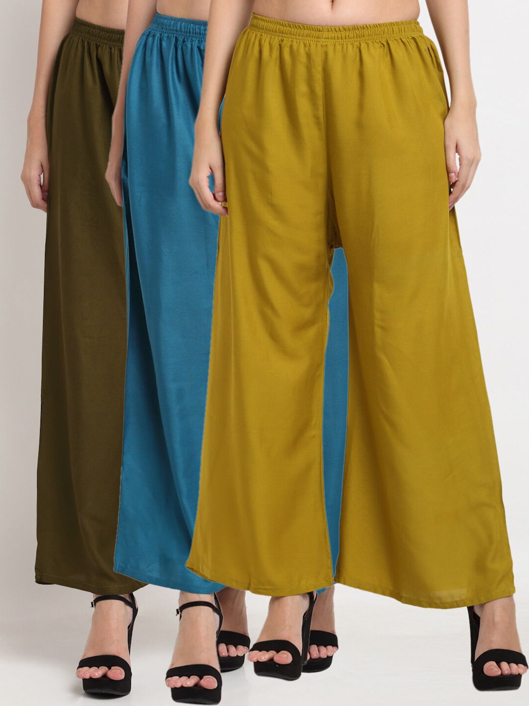 Miaz Lifestyle Women Set Of 3 Blue & Olive Green Flared Ethnic Palazzos Price in India