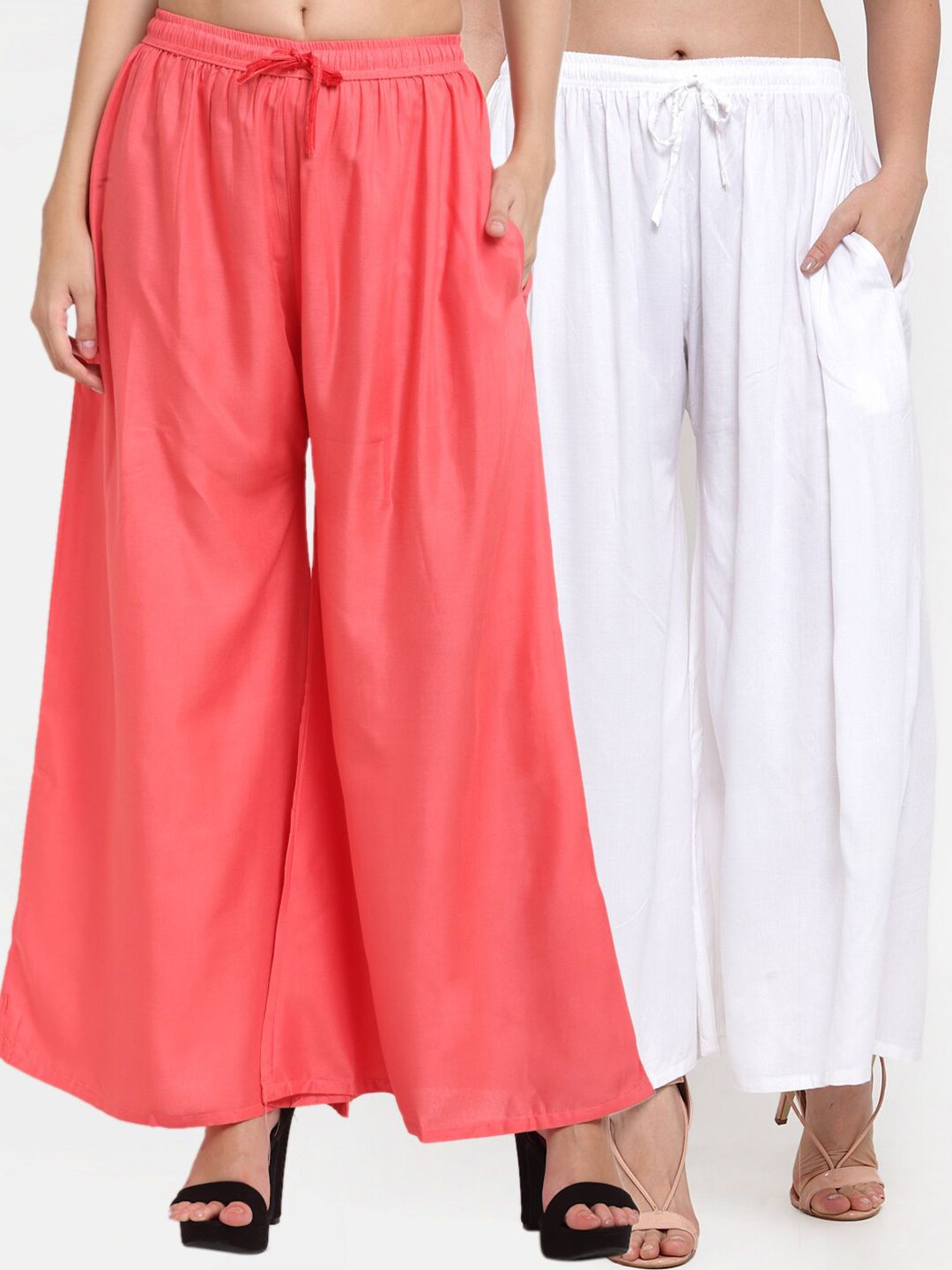 Miaz Lifestyle Women Set Of 2 Peach-Coloured & White Knitted Ethnic Palazzos Price in India