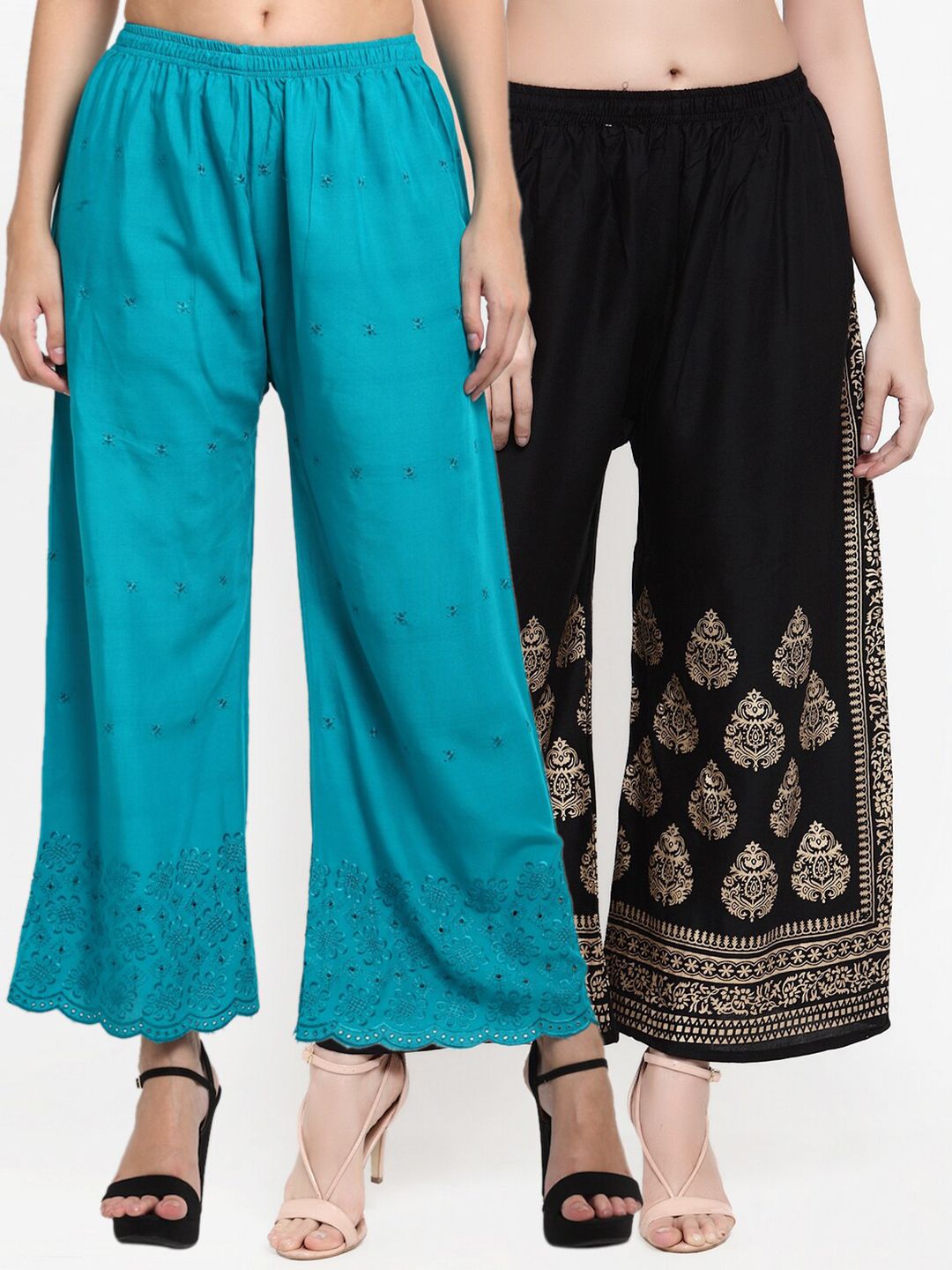 Miaz Lifestyle Women Pack Of 2 Blue & Black Ethnic Motifs Flared Knitted Palazzos Price in India