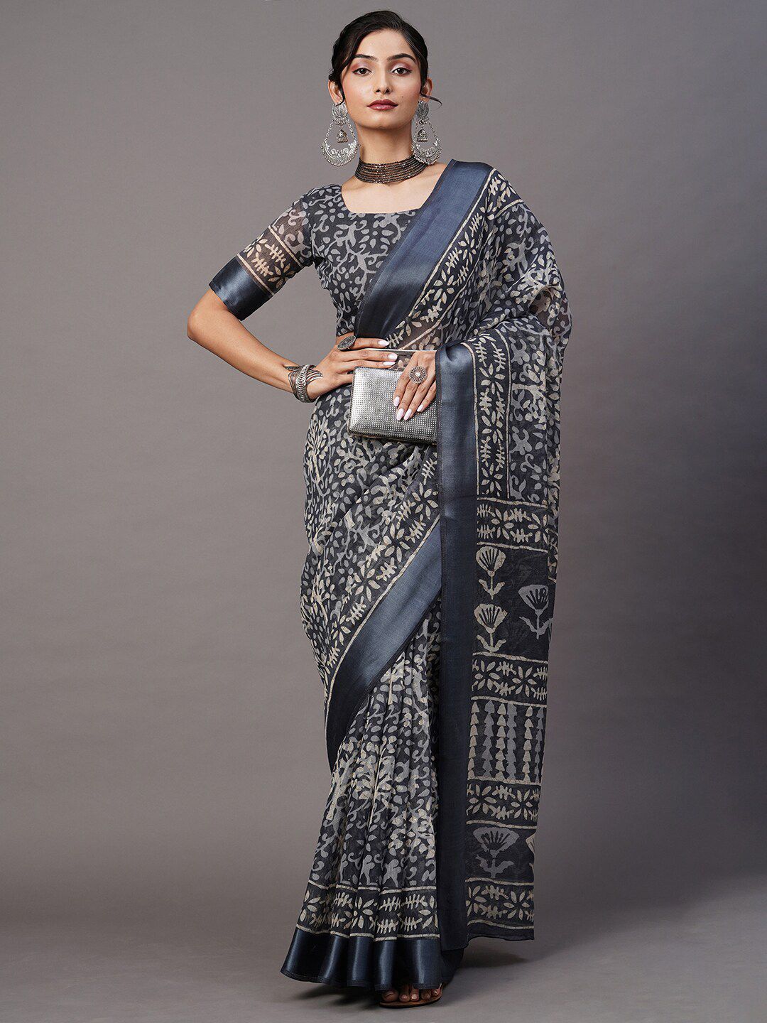 Mitera Grey & Off-White Batik Printed Ikat Saree Price in India