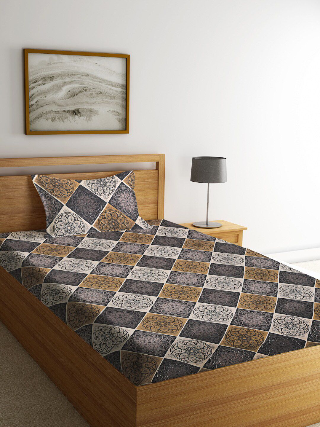 KLOTTHE Brown & Grey Ethnic Motifs 210 TC Single Bedsheet with 1 Pillow Covers Price in India
