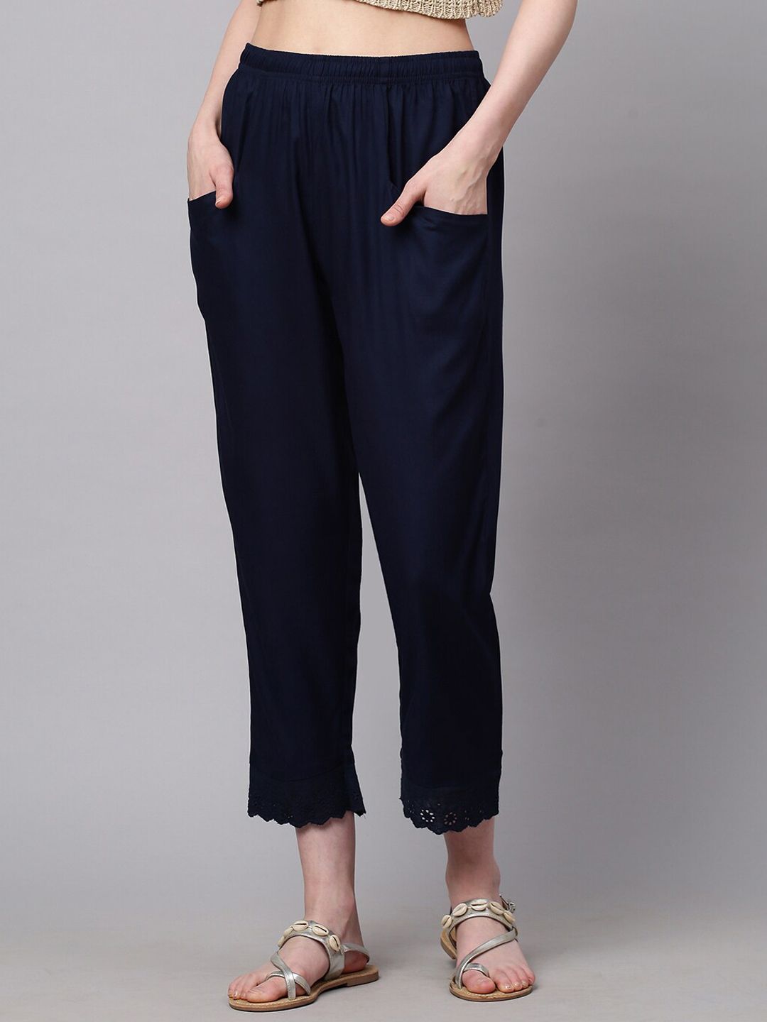 Chemistry Women Navy Blue Solid Trousers With Lace Detail