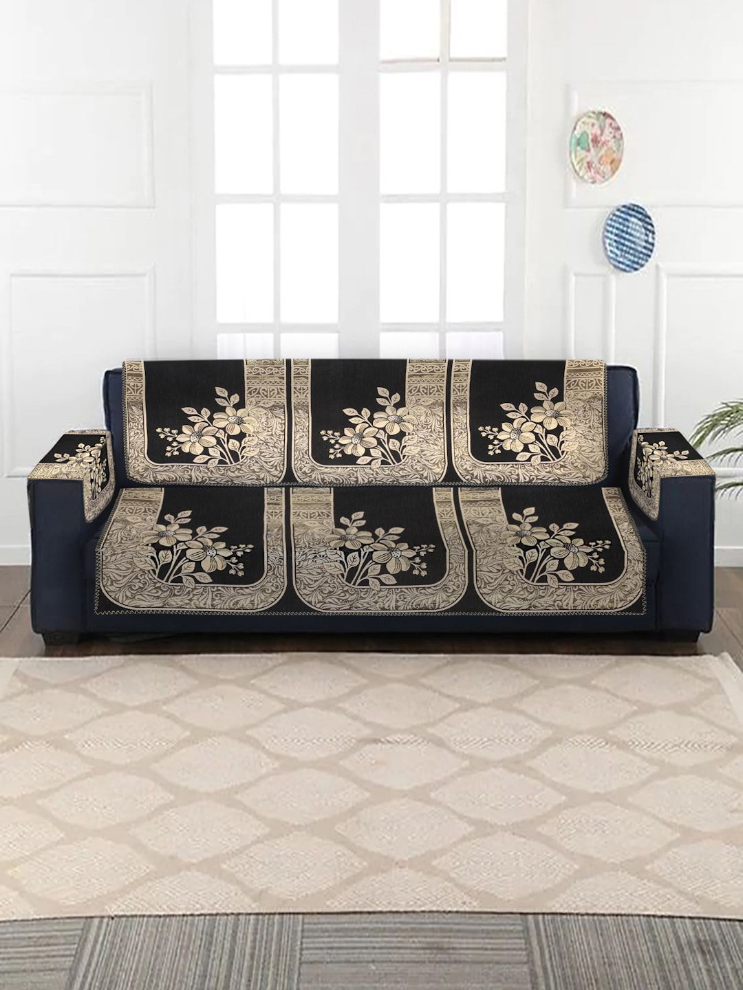 MULTITEX Set of 16 Black & Beige Jacquard Velvet 5 Seater Sofa Cover with Arm Rest Price in India