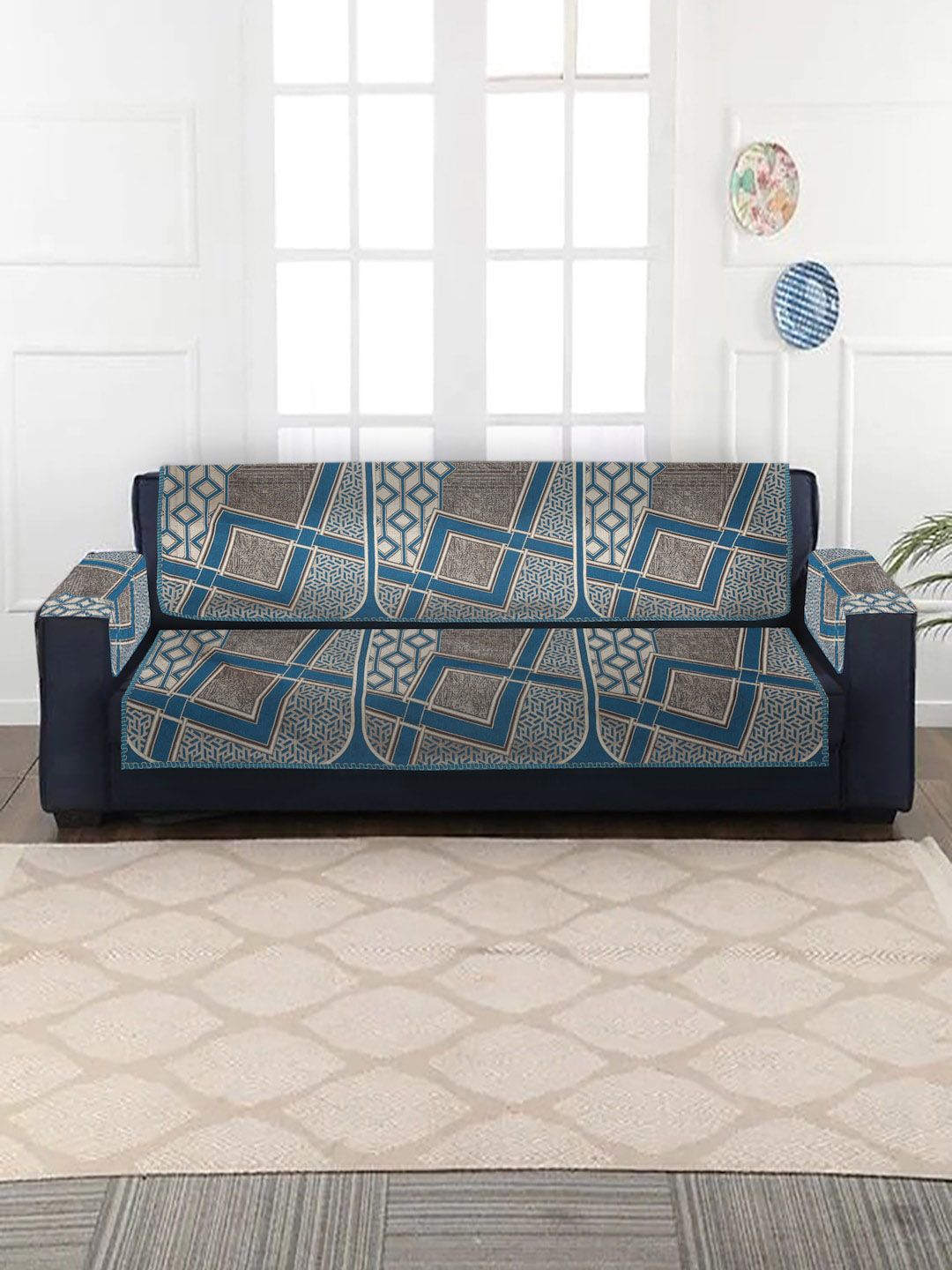 MULTITEX Set of 16 Blue Jacquard 5 Seater Sofa Covers with Arm Covers Price in India