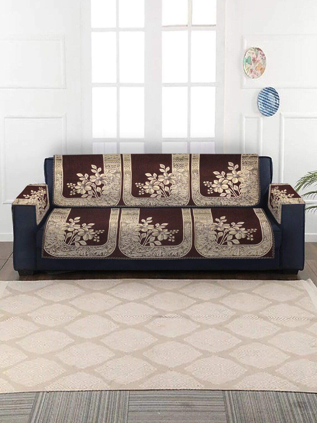 MULTITEX Set of 16 Brown Jacquard 5 Seater Sofa Covers with Arm Covers Price in India