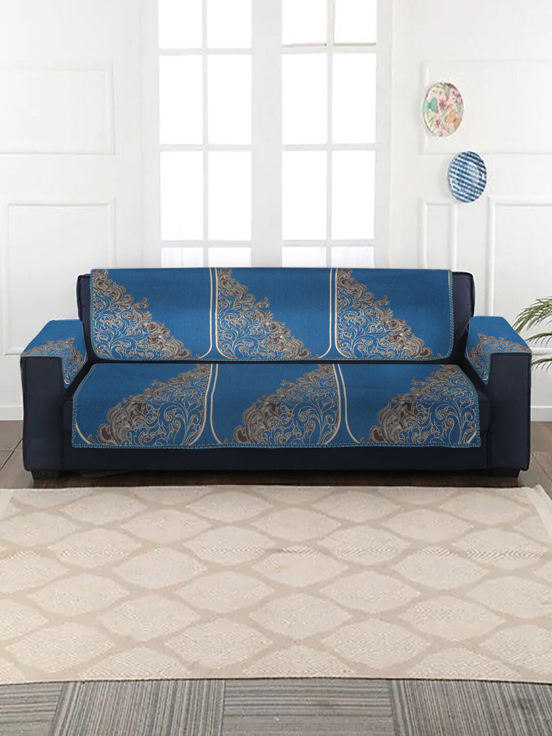 MULTITEX Set of 16 Blue Jacquard 5 Seater Sofa Covers with Arm Covers Price in India