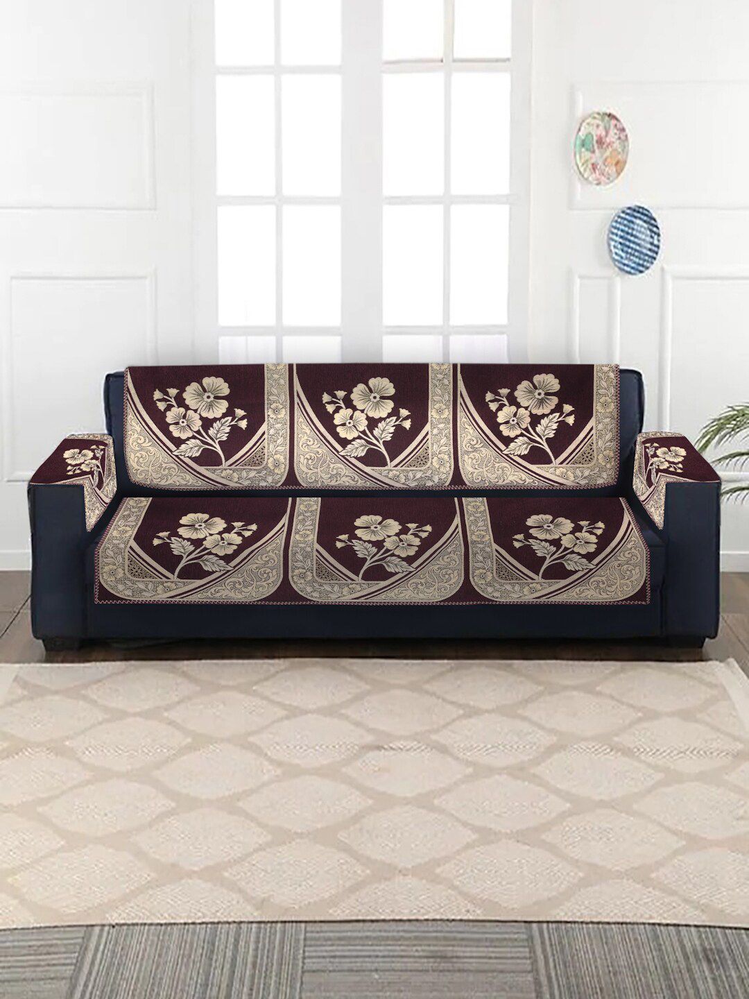 MULTITEX Set of 16 Maroon Jacquard 5 Seater Sofa Covers with Arm Covers Price in India