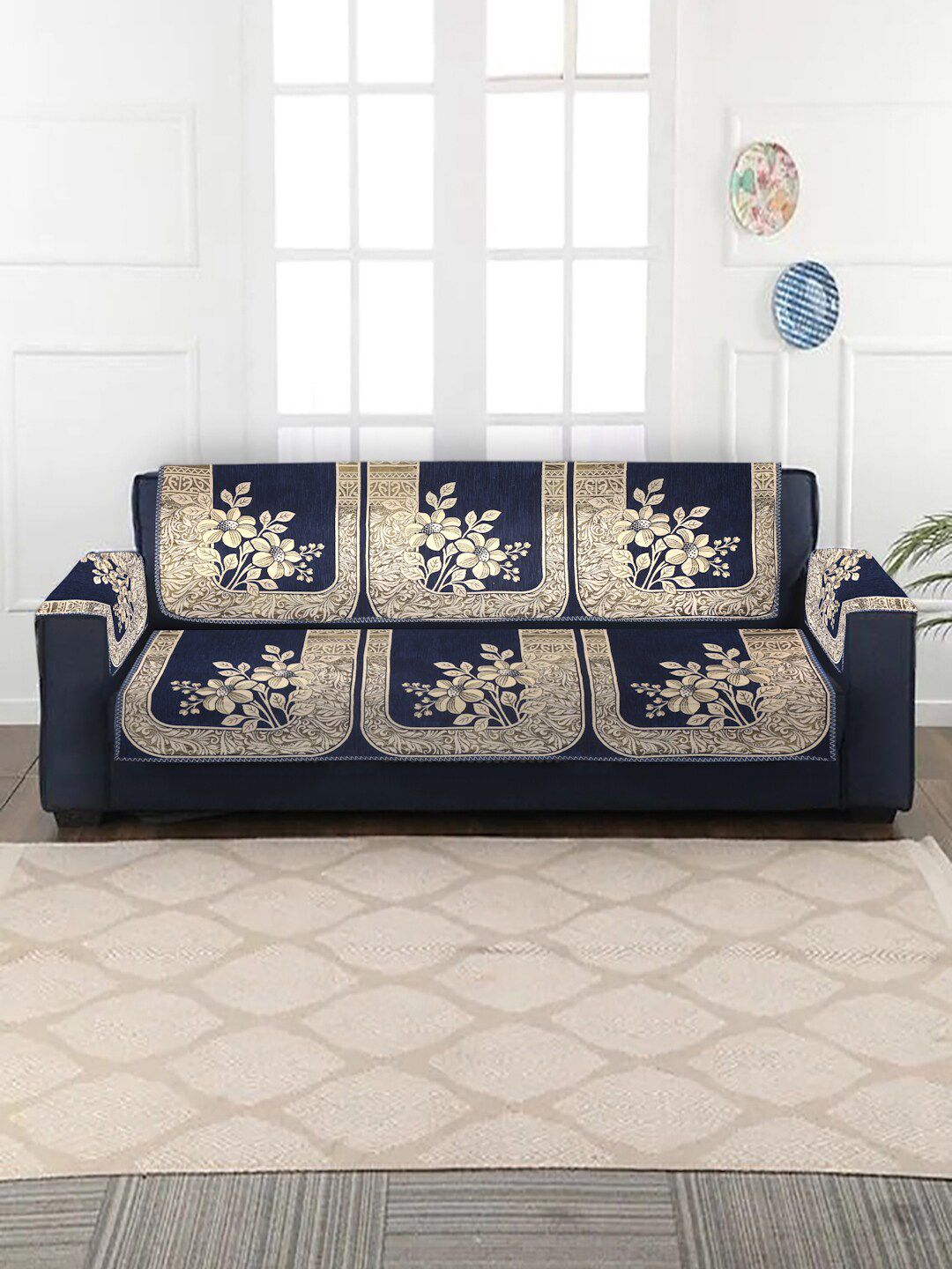 MULTITEX Set of 16 Navy Blue Jacquard 5 Seater Sofa Covers with Arm Covers Price in India