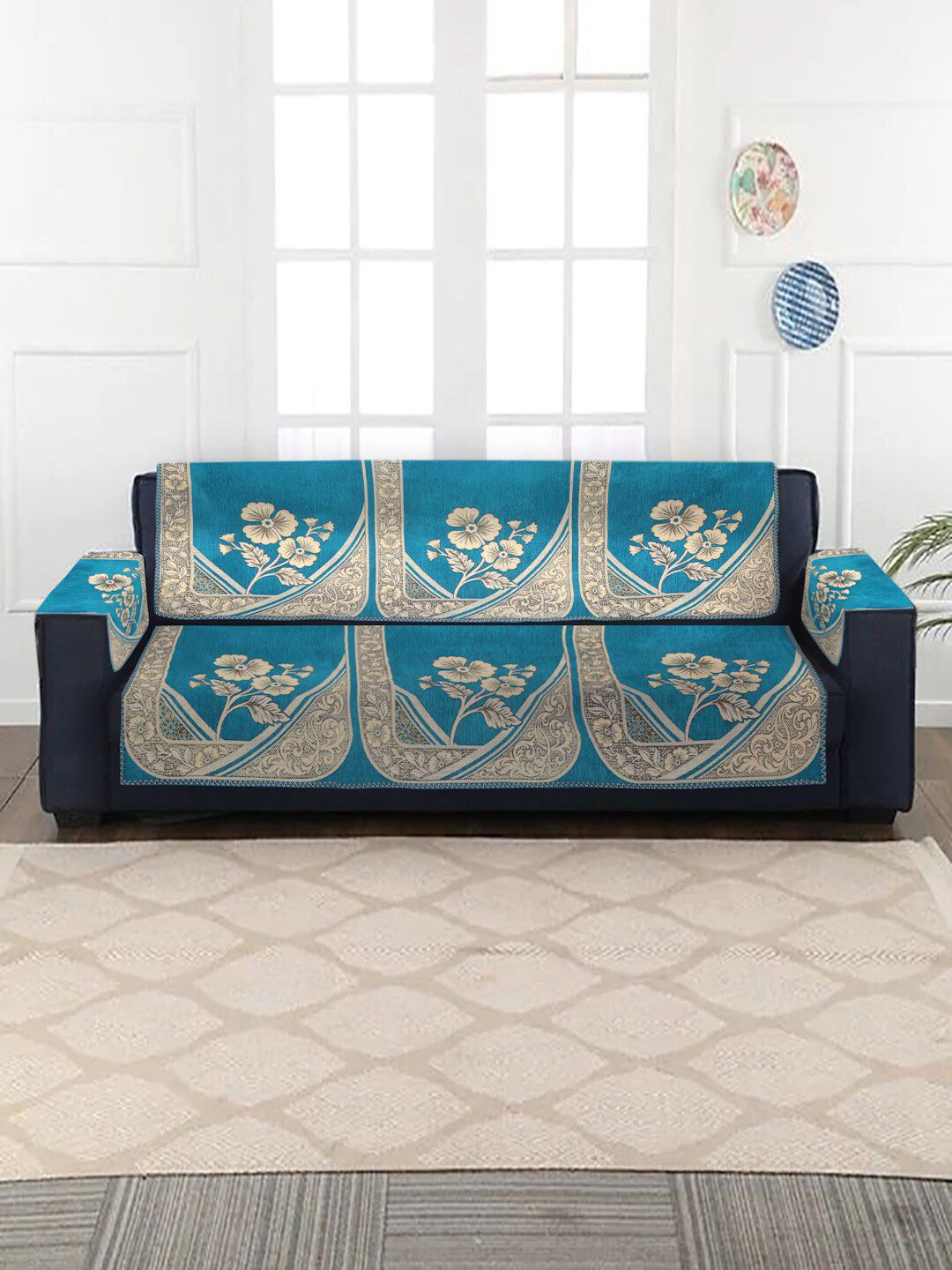 MULTITEX Set of 16 Blue Jacquard 5 Seater Sofa Covers with Arm Covers Price in India