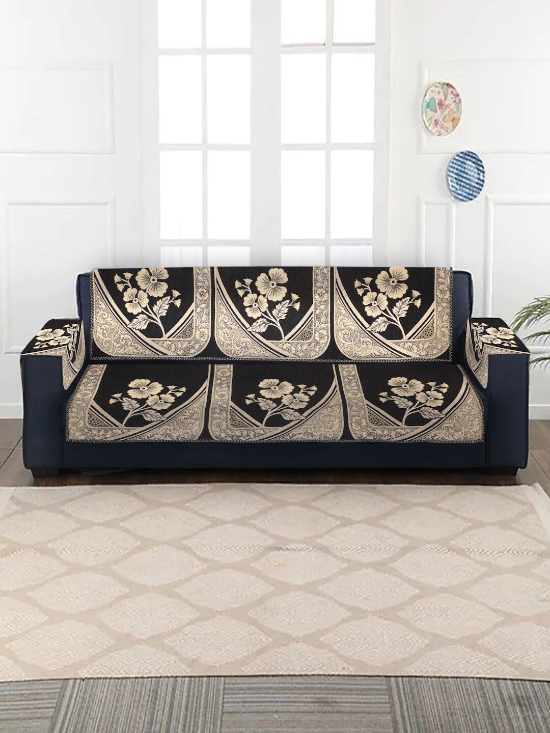 MULTITEX Black & Beige Floral Set of 16-Pieces Sofa Covers Price in India