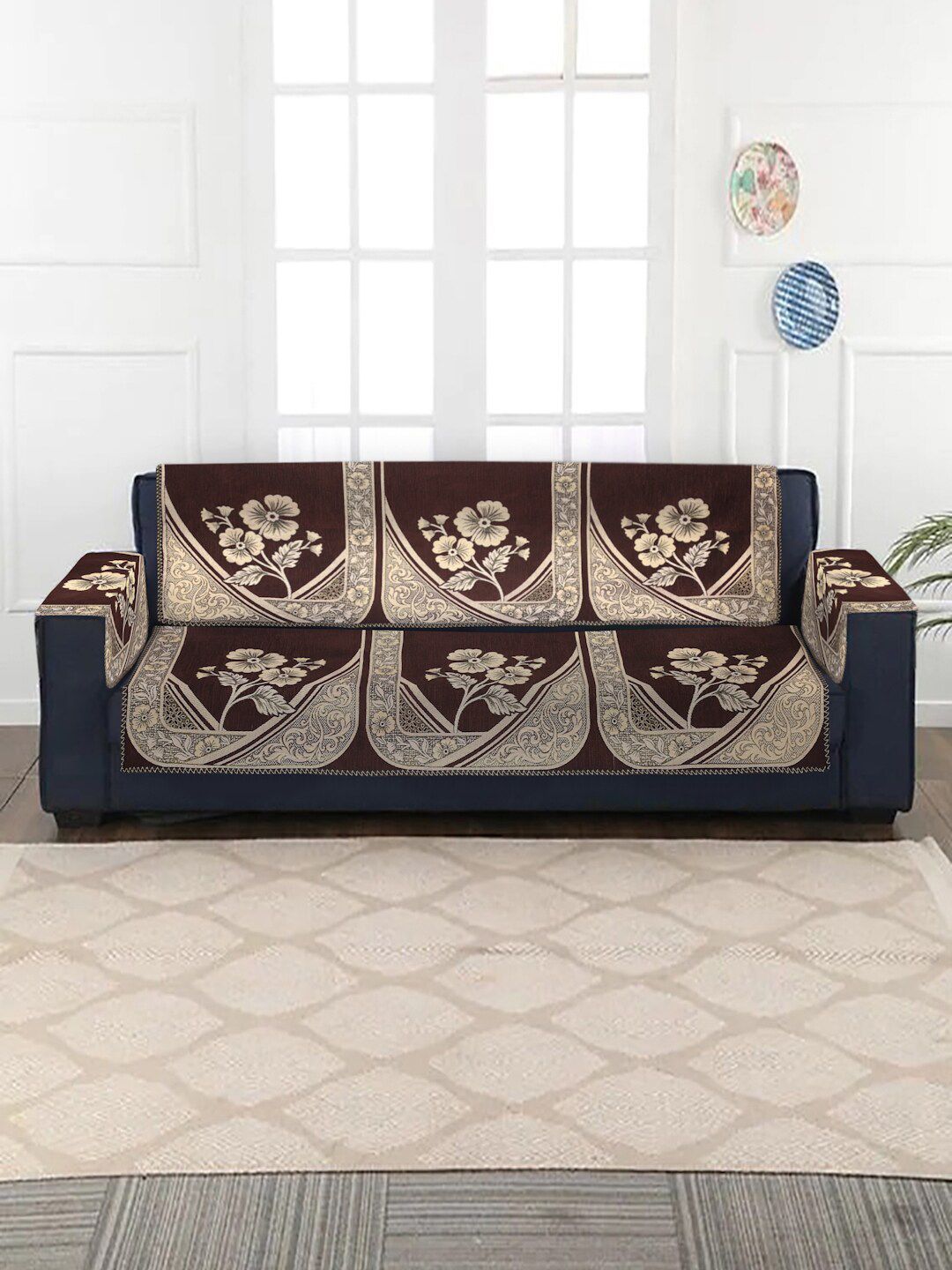 MULTITEX Set of 16 Brown Jacquard 5 Seater Sofa Covers with Arm Covers Price in India