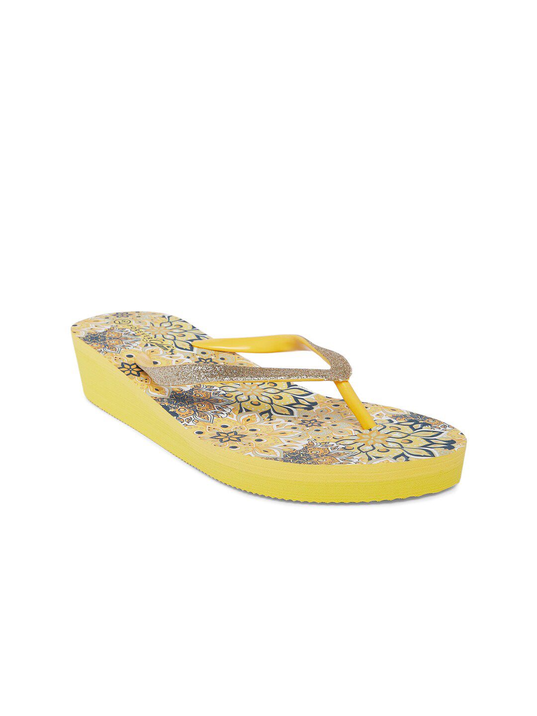Forever Glam by Pantaloons Women Yellow & Blue Printed Thong Flip-Flops Price in India