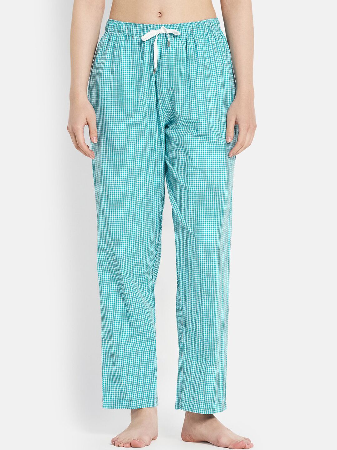 METTLE Women Turquoise Blue Checked Cotton Lounge Pants Price in India