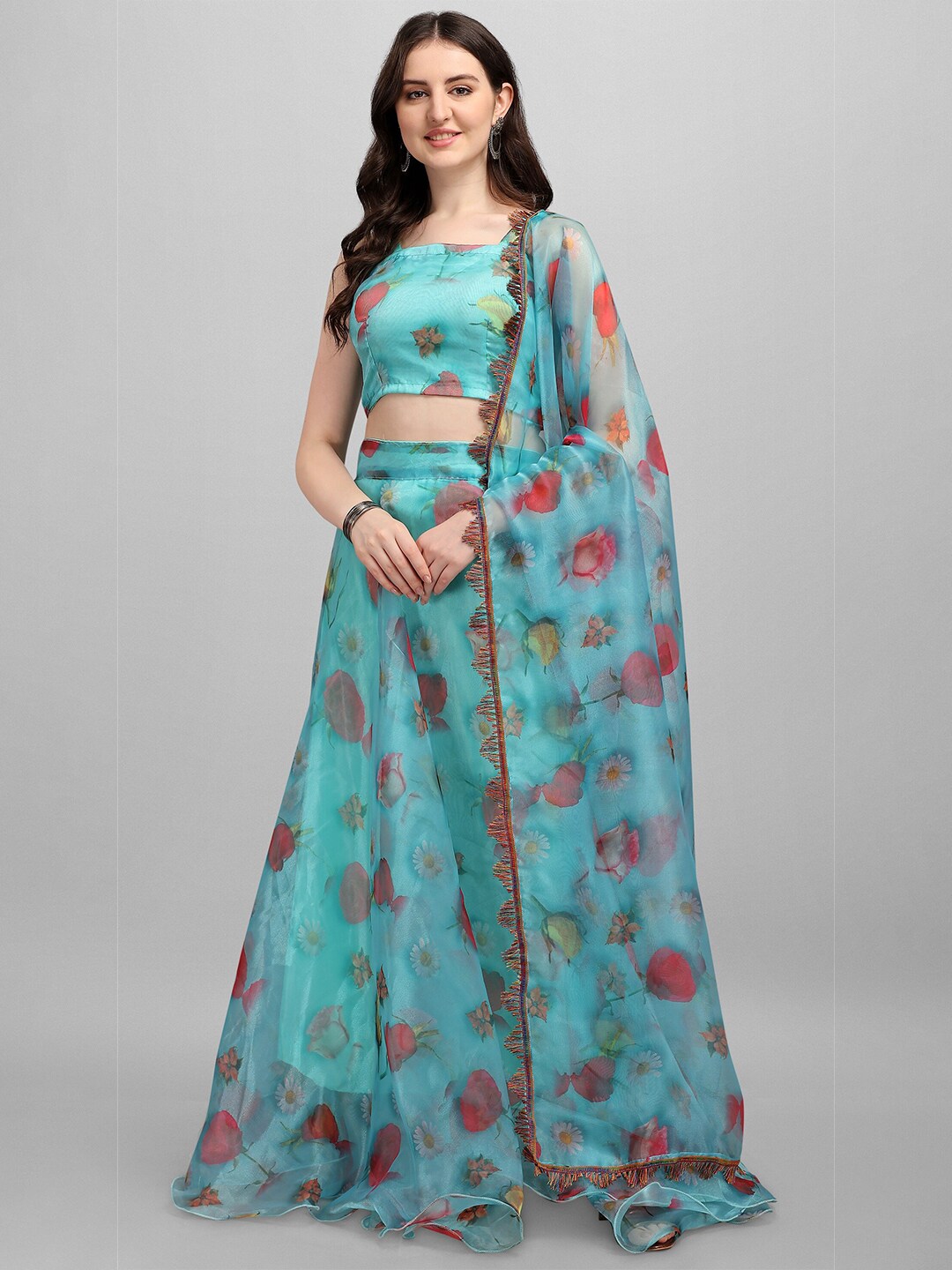Fashion Basket Blue & Red Printed Semi-Stitched Lehenga & Unstitched Blouse With Dupatta Price in India