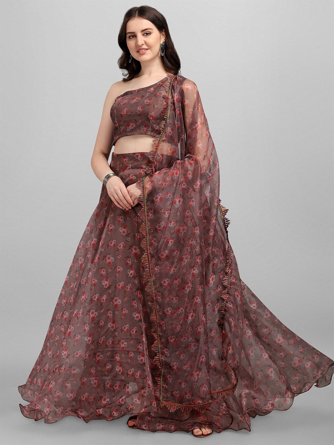 Fashion Basket Brown Printed Semi-Stitched Lehenga & Unstitched Blouse With Dupatta Price in India