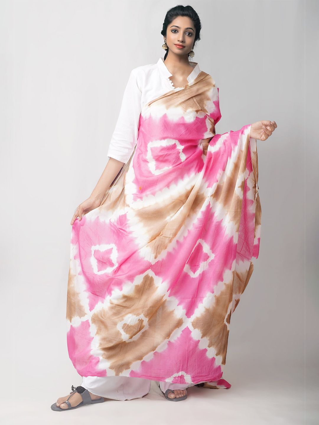 Unnati Silks Pink & Beige Tie and Dye Cotton Dupatta Price in India
