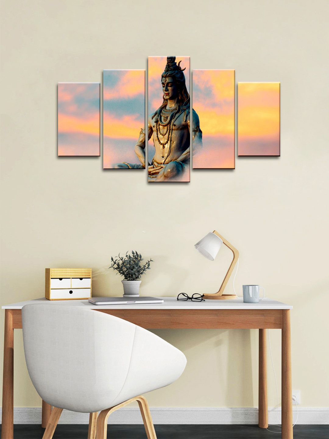 WALLMANTRA Set Of 5 Blue & Brown Lord Shiva In Dhyan Mudra Painting Wall Art Price in India