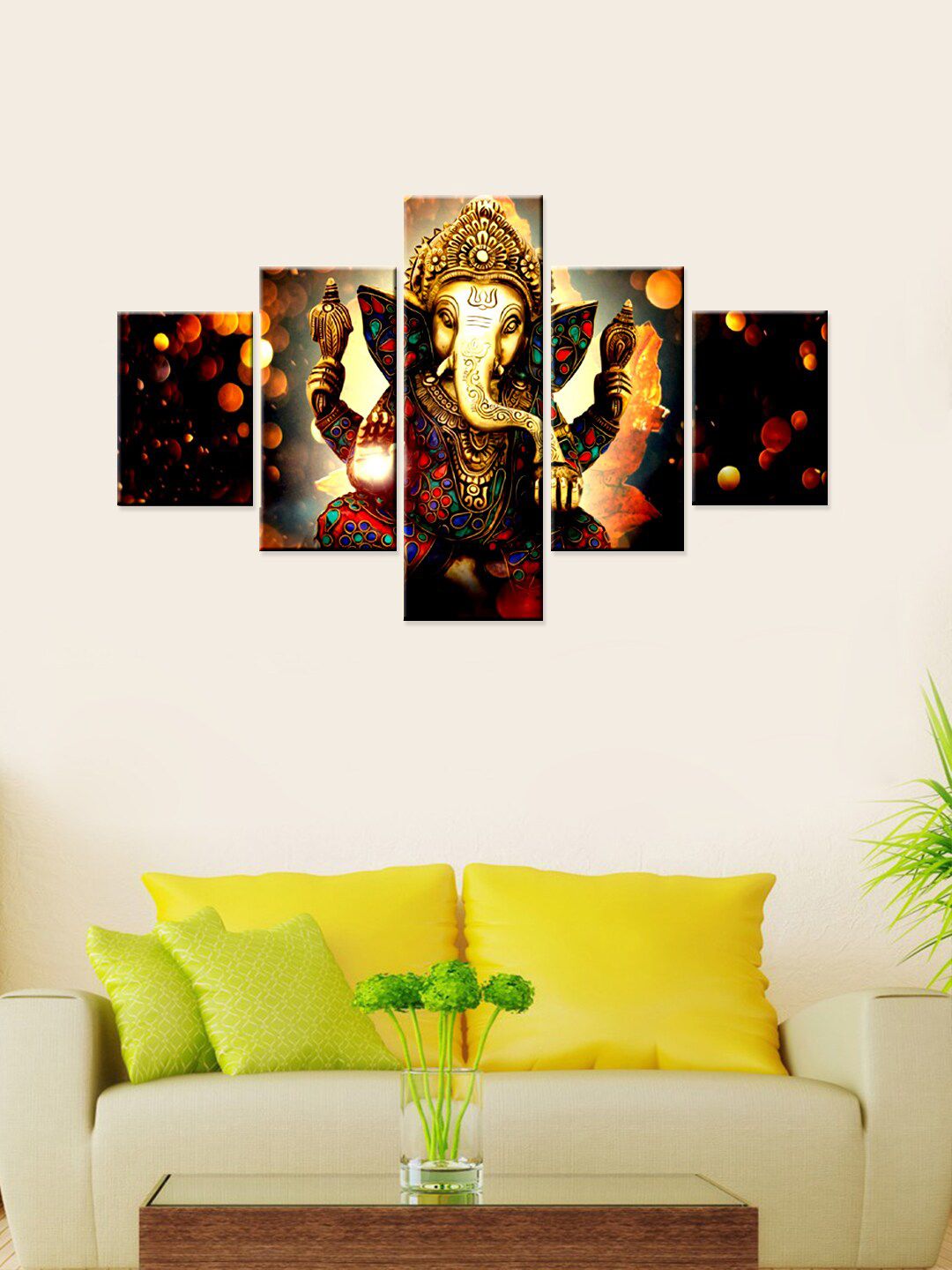 WALLMANTRA Gold & Grey Set of 5 Lord Ganesha Canvas Wall Painting Price in India